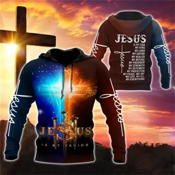 Nauji 3D krikščionių Jėzaus kryžiaus atspausdinti gobtuvai vyrams Vieno tikėjimo grafiniai džemperiai su gobtuvu Vaikai Mada Būtini megztiniai
