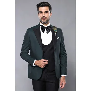 New Arrival Vyriški kostiumai Fashion Peak Lapel One Button Apranga Oficiali vestuvinio jaunikio 3 dalių vyriškas kostiumas (Blazer+Liemenė+Kelnės)