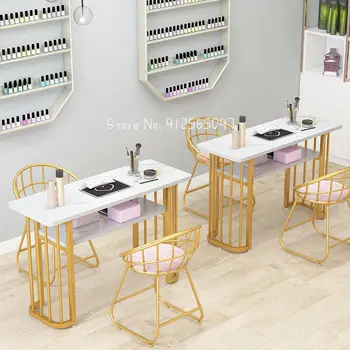 NordicImitation Board Net Celebrity Marble Pattern Nail Table Chair Set Wrought Iron Single Double Triple Manicure Table