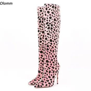 Olomm Moterys Žieminiai kelių batai Nugara Užtrauktukas SEXY Stiletto Kulniukai Smailus pirštas Gražūs rožiniai leopardo vakarėlio batai plius JAV dydis 5-15