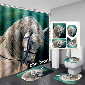 phechion Animal Horse Art 3D Print Neperšlampamas vonios kambario dušo užuolaida Tualeto dangčio kilimėlis Neslidus grindų kilimėlis (1/3/4Vnt) W48