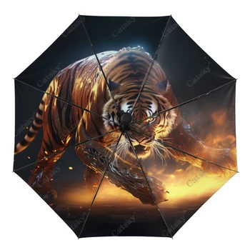 Piktas tigras su liepsnomis Skėtis Lietaus moterys 3 sulankstomos visiškai automatinės skėčio apsaugos nuo saulės lauko kelionių įrankis Parapluie