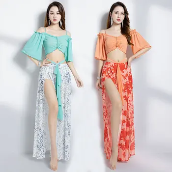 pilvo šokio kostiumo spausdinimas tinklelis viršus trumpomis rankovėmis padalintas sijonas praktikos drabužių rinkinys moteriškas elegantiškas pasirodymas drabužiai vasara