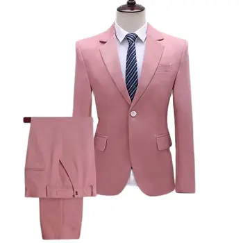 Pink Prom Kostiumai vyrams Elegantiškas vestuvių jaunikis Vyriškas švarkas ir kelnės 2 dalių rinkinys Scenos dainininkės vakarėlio kostiumas Vyriški prašmatnūs švarkų komplektai