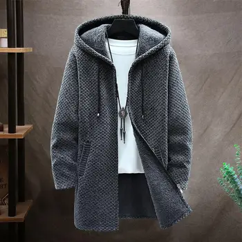 Populiarus vyriškas paltas šiltas megztinis su gobtuvu ilgomis rankovėmis kišenės Mezgimo striukė Atsipalaidavęs prigludęs