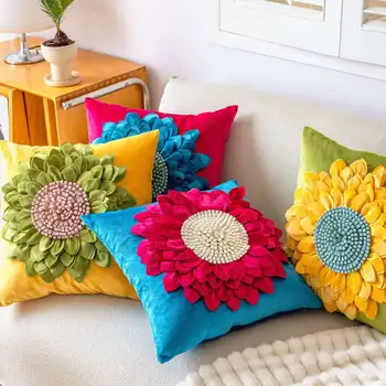Rankų darbo saulėgrąžų pagalvėlės užvalkalas Spalvingas 3D gėlių aksomas minkštas 45x45cm sofos lovos namų dekoravimui