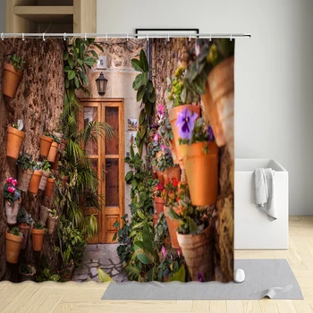 Retro durų dušo užuolaidos gėlių kraštovaizdžio spausdinimo raštas Vonios kambario apdaila Poliesteris Vandeniui atsparūs plaunamų audinių rinkiniaiSu kabliukais