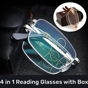 retro sulankstomi skaitymo akiniai su odine dėžute Unisex progresyvus toli prie kompiuterio akiniai Sulankstomi anti-mėlyni šviesūs akiniai