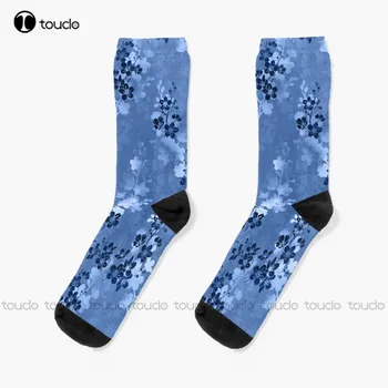 Sakura Žiedas mėlynose kojinėse Šlepetės kojinės Vyrai Unisex Suaugę Paaugliai Jaunimas Kojinės Individualizuotas Custom 360° skaitmeninis spausdinimas Juokinga kojinė
