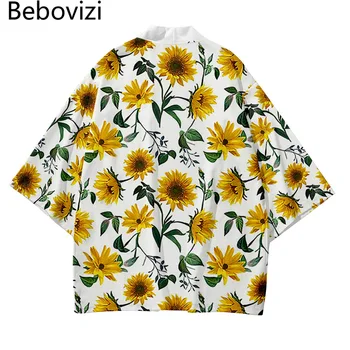 Saulėgrąžos Laisvi japoniški gatvės drabužiai Megztinis Moterys Vyrai Harajuku Haori Kimono Gėlių Cosplay Top Yukata drabužiai 2021 Paplūdimys