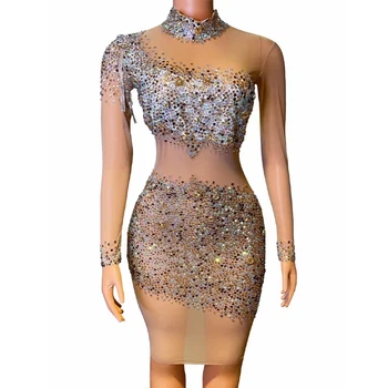 Seksualūs ryškūs spalvingi cirkonio akmenys ilgomis rankovėmis Suknelė Tamprus Skaidrus kostiumas Vakaras Švęsti suknelę Gimtadienio kolekcijos