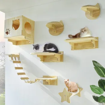 Sieniniai kačių baldai Medinės lentynos, sienų laipteliai kopėčios Kačių lovos veiklos medis Kačių laipiojimo struktūra, 9 rinkinys