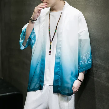 Sinicizmas Tradicinis vasaros vyrų megztinis Vyriški drabužiai Tai Chi Kung Fu Hanfu Taoistų chalato marškinėliai Vyriškas gradientas Icesilk kremas nuo saulės