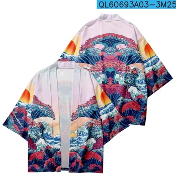 Spalvų bangos Spausdinti japoniški Haori marškinėliai Gatvės apranga Vyrai Moterys Tradicinis Kardiganas Kimono paplūdimys Yukata plius dydis