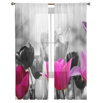 Spausdinimas Retro rožinė tulpė Vien užuolaida svetainei Miegamasis Voile Drape Virtuvės langas Tiulio užuolaidos Namų reikmenys