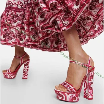 Spausdinimo platforma Retro stiliaus sandalai Atvira kojų kulkšnies sagtis Stambūs aukštakulniai Sandalai Moteriški suknelės batai 2023 Zapatos Para Mujere