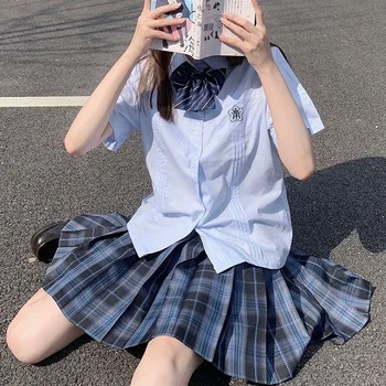 Studentai Merginos Mėlyna palaidinė Marškiniai Pledinis sijonas Komplektai Japonų JK mokyklos uniforma Vasaros aukštu juosmeniu Plisuoti sijonai Moteriškas vasaros kostiumas