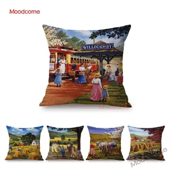 Tenesio miestas 4 metų laikai Vaizdas ramus jaukus vaizdingas kaimo miestelis Aliejinė tapyba Menas Namų dekoro pagalvėlės užvalkalas Medvilninis lininis pagalvės dėklas