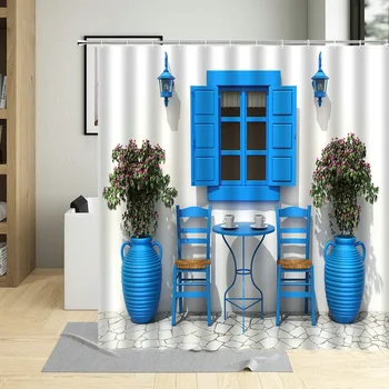 Tradicinė Graikija Miesto gatvė Dušas Užuolaidos Gėlės Vaizdingas mėlynas langas Vonios kambario dekoras Poliesteris Clorh Vonios užuolaidos su kabliukais