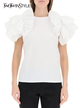 TWOTWINSTYLE Laisvalaikio balti marškinėliai moterims apvaliu kaklu trumpomis rankovėmis Patchwork Ruffle Trim Pullovers Female 2021 Rudens drabužiai