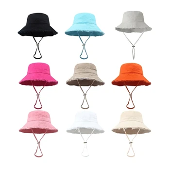 Unisex Frayed Design Bucket Hat Summer Foldable Fisherman Hat with Adjust Chin Rope Anti-uv Hat for Friend Family