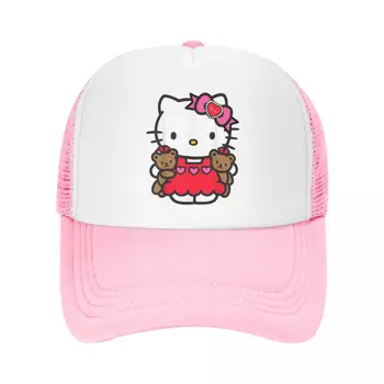 Unisex Hello Kitty Valentine Teddy Bear Trucker Hat Fashion Mesh Baseball Cap Snapback Cap Trucker Hat Breathable Racing Cap