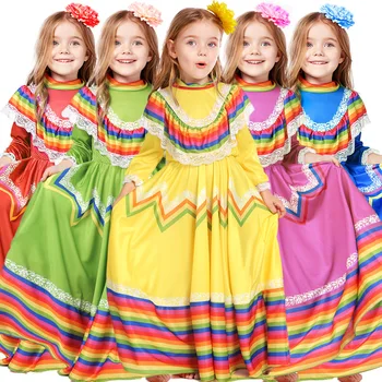 Vaikai Mergaitės Nacionalinis Meksikos etninis šokis Maxi Ilga suknelė Galvos apdangalai Vaikai Helovinas Cosplay kostiumai Vaidmenų žaidimų apranga