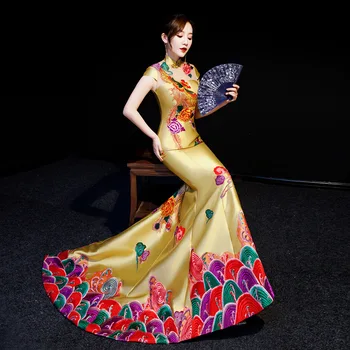 Vakarėlių vakaras Cheongsam Retro seksuali plona siuvinėjimo suknelė Vedybinė suknelė Kinų stiliaus vestuvinė ilga Qipao Bodycon suknelė Vestido