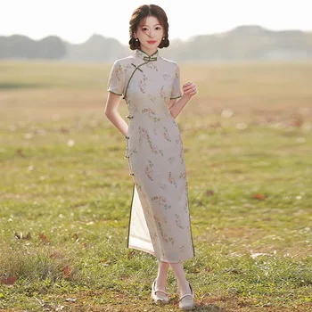 Vasaros kinų gėlių spauda Cheongsams Modern Elegant Women Orientale Vintage High Split Qipao Vestido