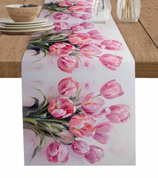 Velykų rožinė tulpių aliejaus tapyba Abstraktus stalas Bėgikas Dekoravimas Namų dekoravimas Vakarienė Stalo dekoravimas Stalo dekoravimas Dekoras