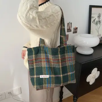 Vilnonio audinio tekstūros krepšys per petį Retro pledas rankinė Korėjietiško stiliaus didelės talpos krepšys Piniginės moterims Daugkartinio naudojimo pirkinių krepšys