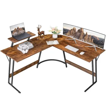 Vineego L formos kompiuterio stalas modernus kampas su mažu stalu, kaimiškas rudas stalas