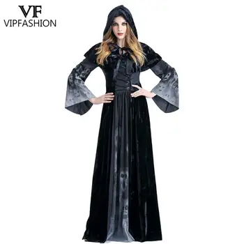VIP FASHION Moterų Helovino Cosplay kostiumas Purim Carnival Black Skeleton Print Ilga suknelė Moteriška skara suknelė Dirželių vakarėlio rinkinys