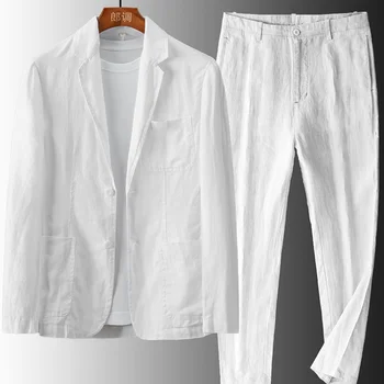 Vyriški 2 dalių lininiai medvilniniai kostiumai Kišeniniai balti juodi laisvalaikiui Formalus vyriškas kostiumas Drabužiai Švarkas plonas stilius pavasarį ir vasarą