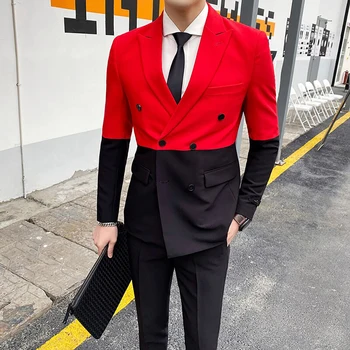 Vyriški kostiumai Elegantiškas Terno jaunikis Vestuvės Dvivietis Juodas raudonas Smailus atlapas Dviejų dalių švarkas Švarkas Kelnės Prabangus paltas Hombre