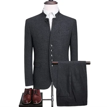 Vyriški švarkai Žiemos kinų verslas Laisvalaikio vilnonis storas aukštos klasės stovo apykaklės kostiumas 2 vnt. Komplektai Paltas Kelnės Kelnės Švarkas