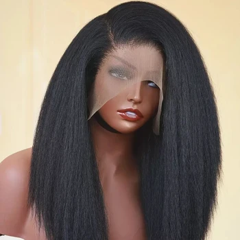 Yaki Short Cut Bob Kinky Straight Black Nėrinių priekinis perukas moterims su kūdikių plaukų natūralia plaukų linija Sintetinis karščiui atsparus kasdien