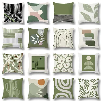 Žali lapai Poliesterio sofos pagalvės užvalkalas Abstraktus geometrinis dvipusis atspaudas Dekoratyvinis pagalvėlės užvalkalas Juosmens namų pagalvės dėklas